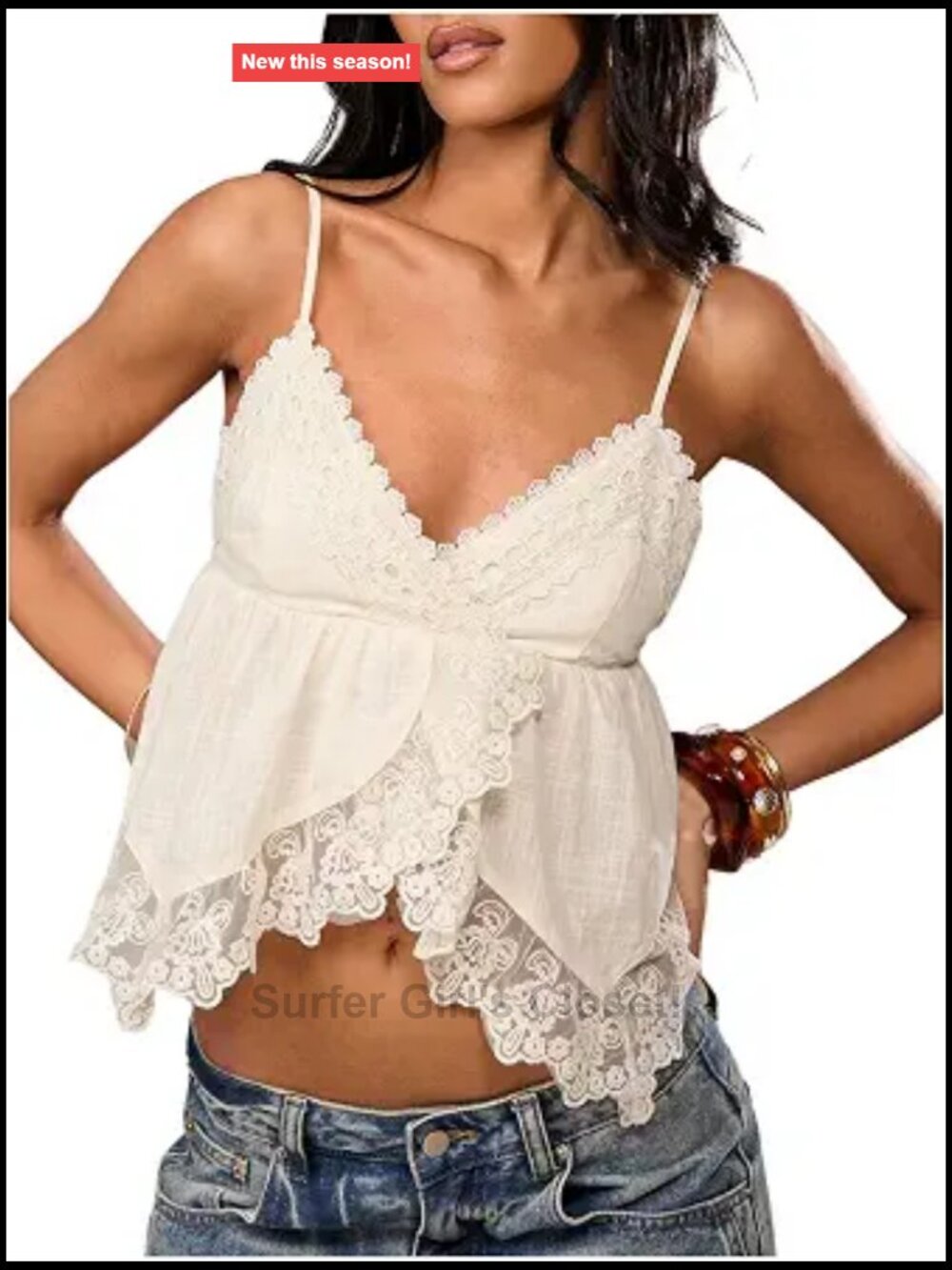 Lace Trim V Neck Camisole Babydoll Top Boho Asymmetrical Flowy Sleeveless